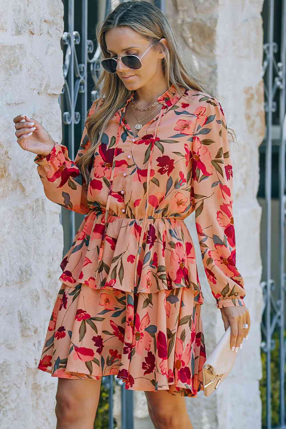 Floral Tie Neck Long Sleeve Layered Dress - TRENDMELO