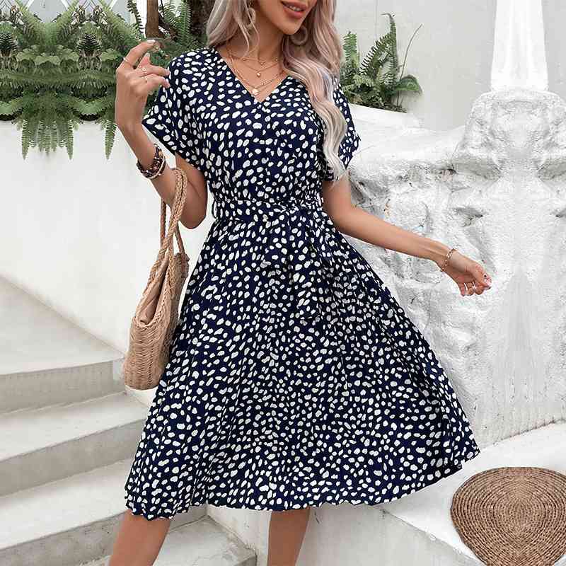 Printed Tie Waist A-Line Dress - TRENDMELO