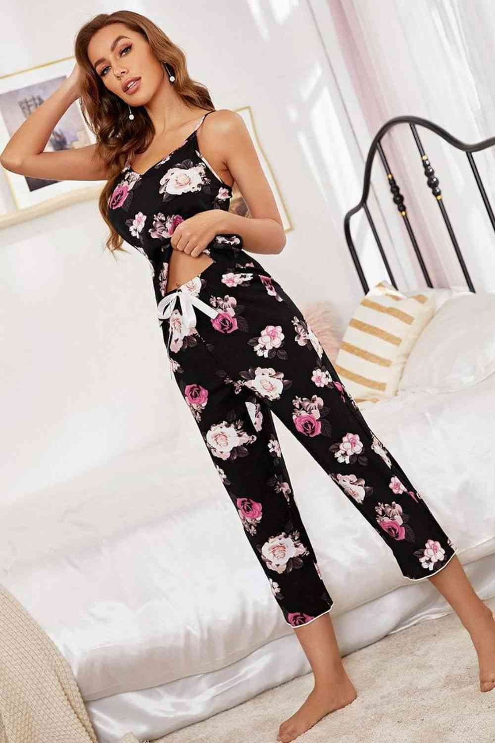 Floral V-Neck Cami and Cropped Pants Lounge Set - TRENDMELO