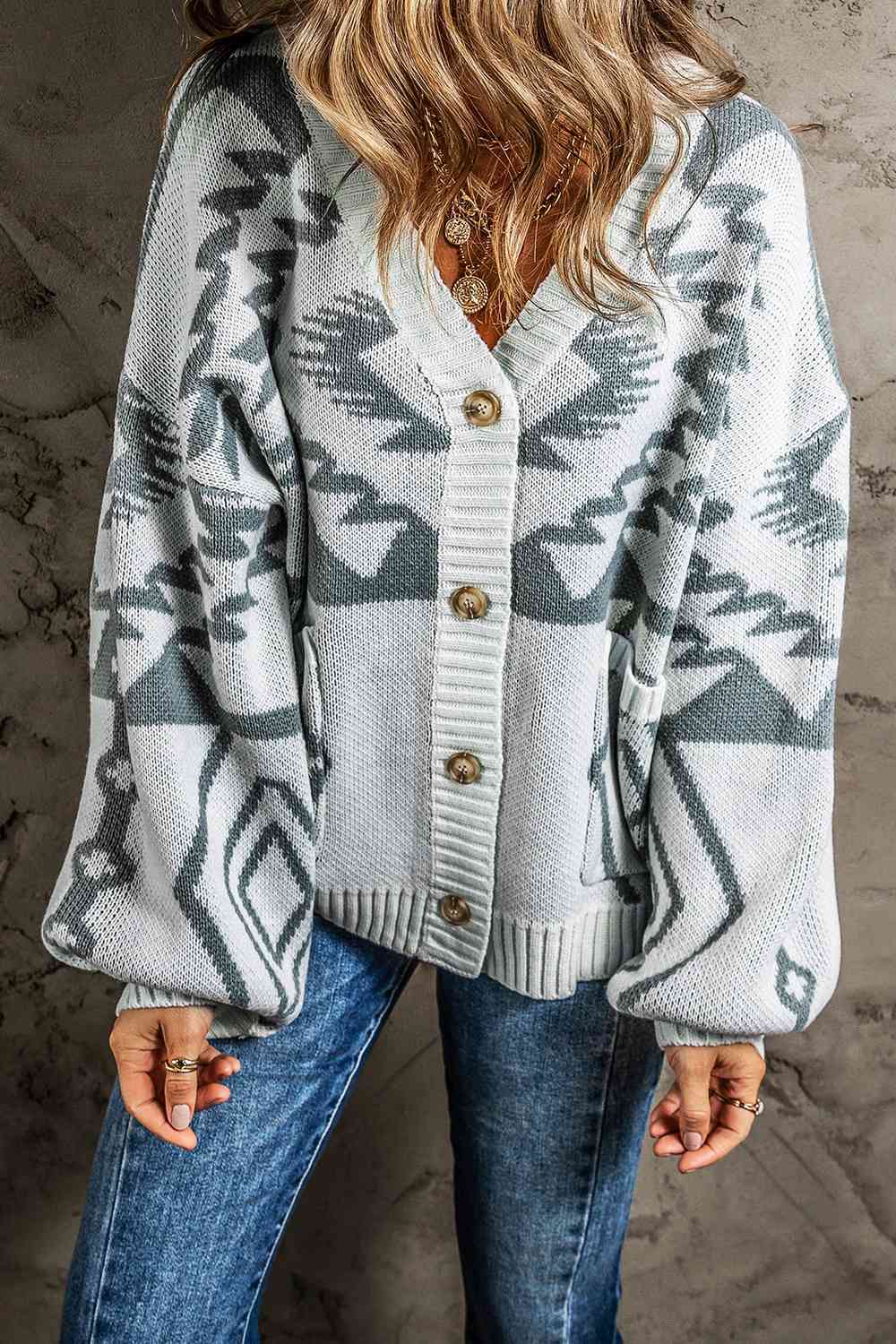 Printed Button Up V-Neck Long Sleeve Cardigan - TRENDMELO