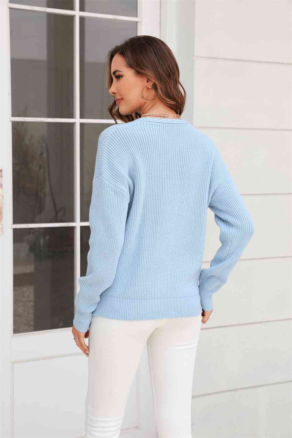Ribbed V-Neck Dropped Shoulder Knit Top - TRENDMELO