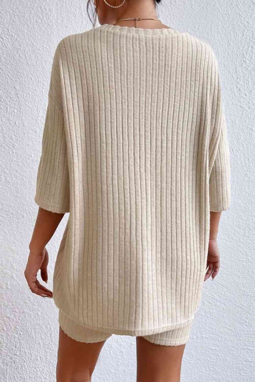 Round Neck Ribbed Top and Shorts Lounge Set - TRENDMELO