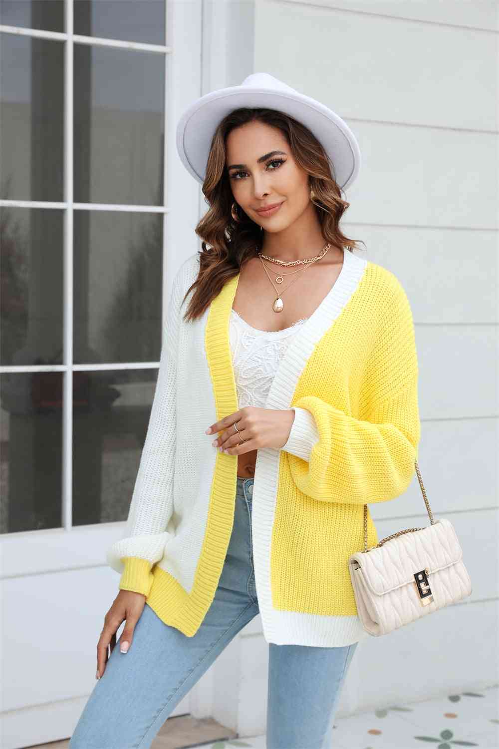 Open Front Contrast Color Balloon Sleeve Cardigan - TRENDMELO