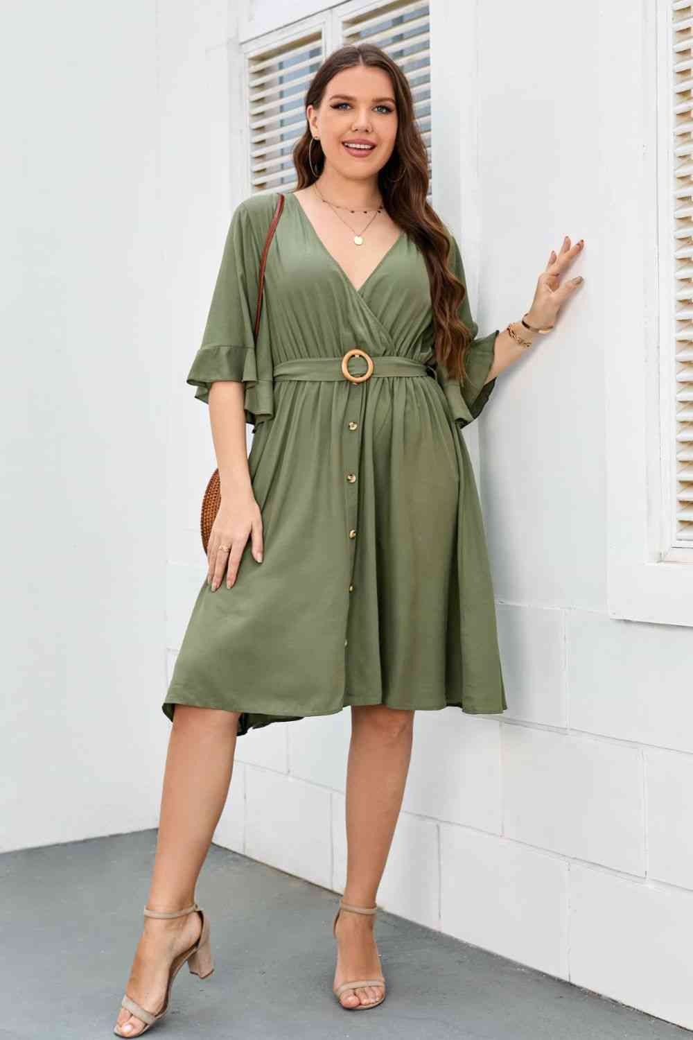 Plus Size Surplice Neck Half Sleeve Dress - TRENDMELO