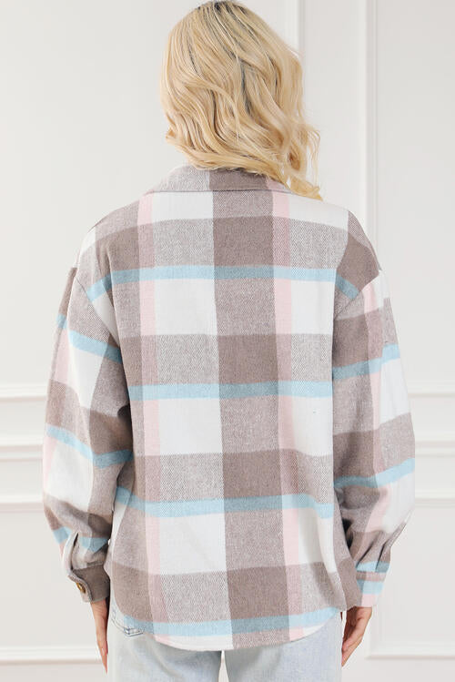 Pocketed Plaid Collared Neck Jacket - TRENDMELO