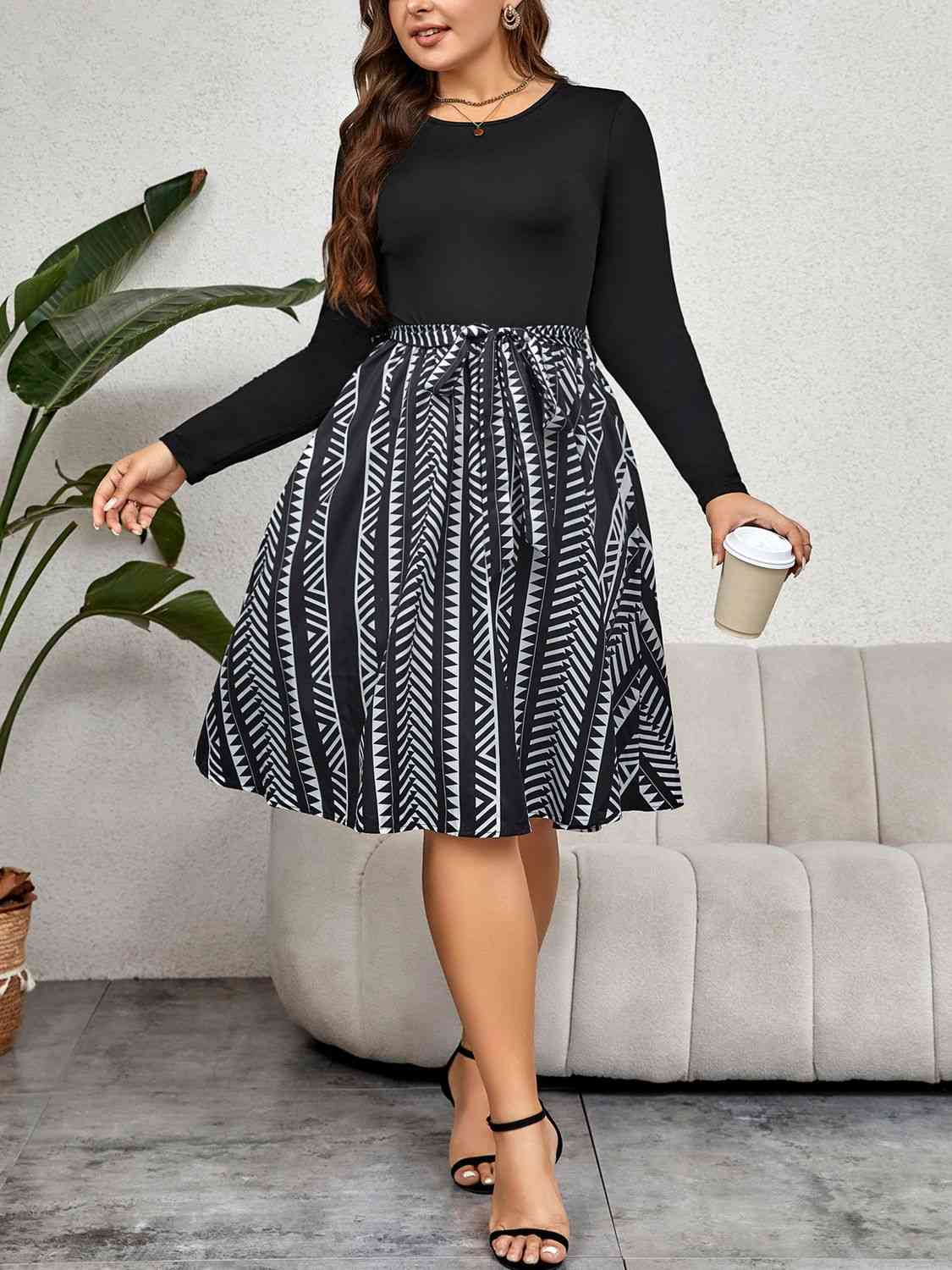 Plus Size Round Neck Tie Waist Printed Mini Dress - TRENDMELO