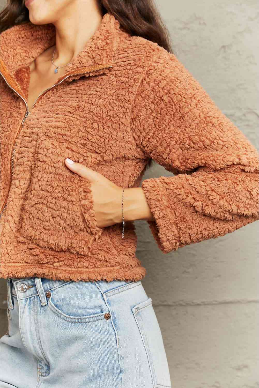 Zip-Up Collared Teddy Jacket - TRENDMELO