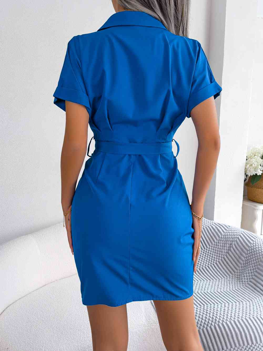 Button Down Ruched Tie Belt Dress - TRENDMELO