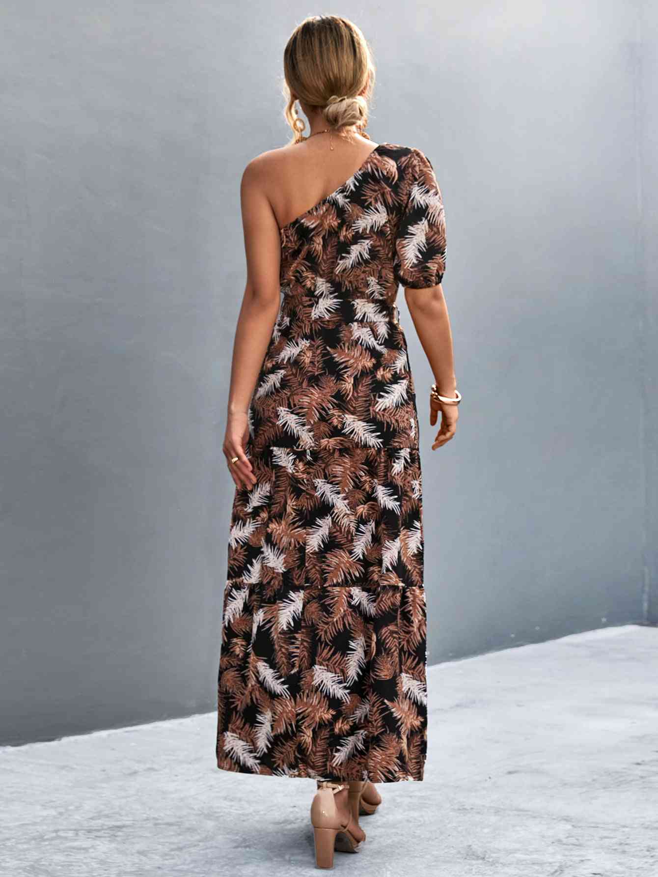 Printed Tie Waist One Shoulder Maxi Dress - TRENDMELO