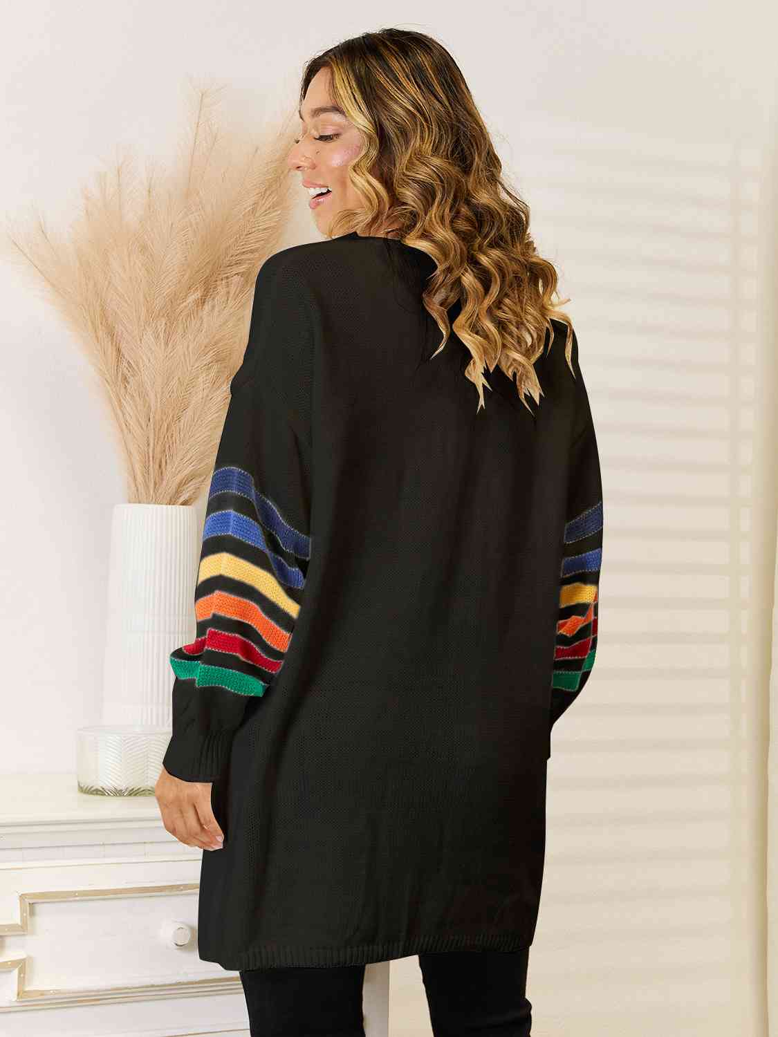 Striped Open Front Dropped Shoulder Cardigan - TRENDMELO