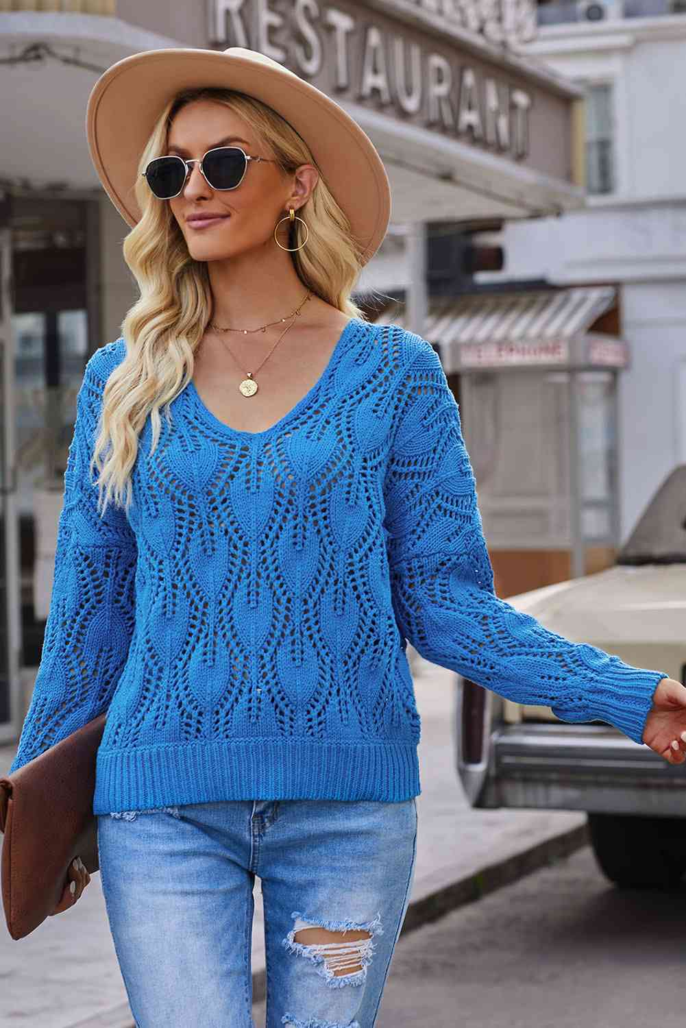 Openwork V-Neck Knit Top - TRENDMELO