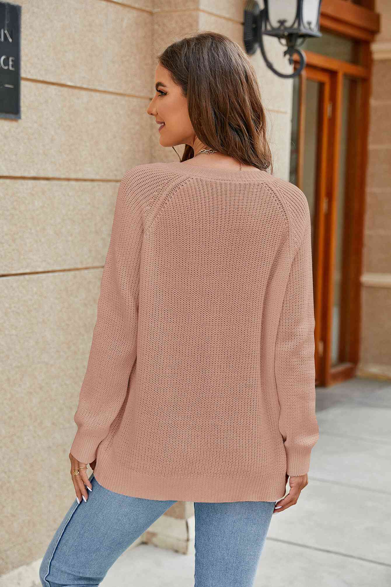 Raglan Sleeve Ribbed Trim Plunge Knit Top - TRENDMELO