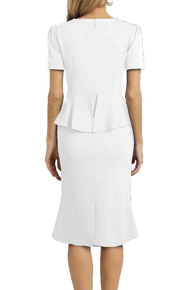 Square Neck Short Sleeve Pencil Dress - TRENDMELO