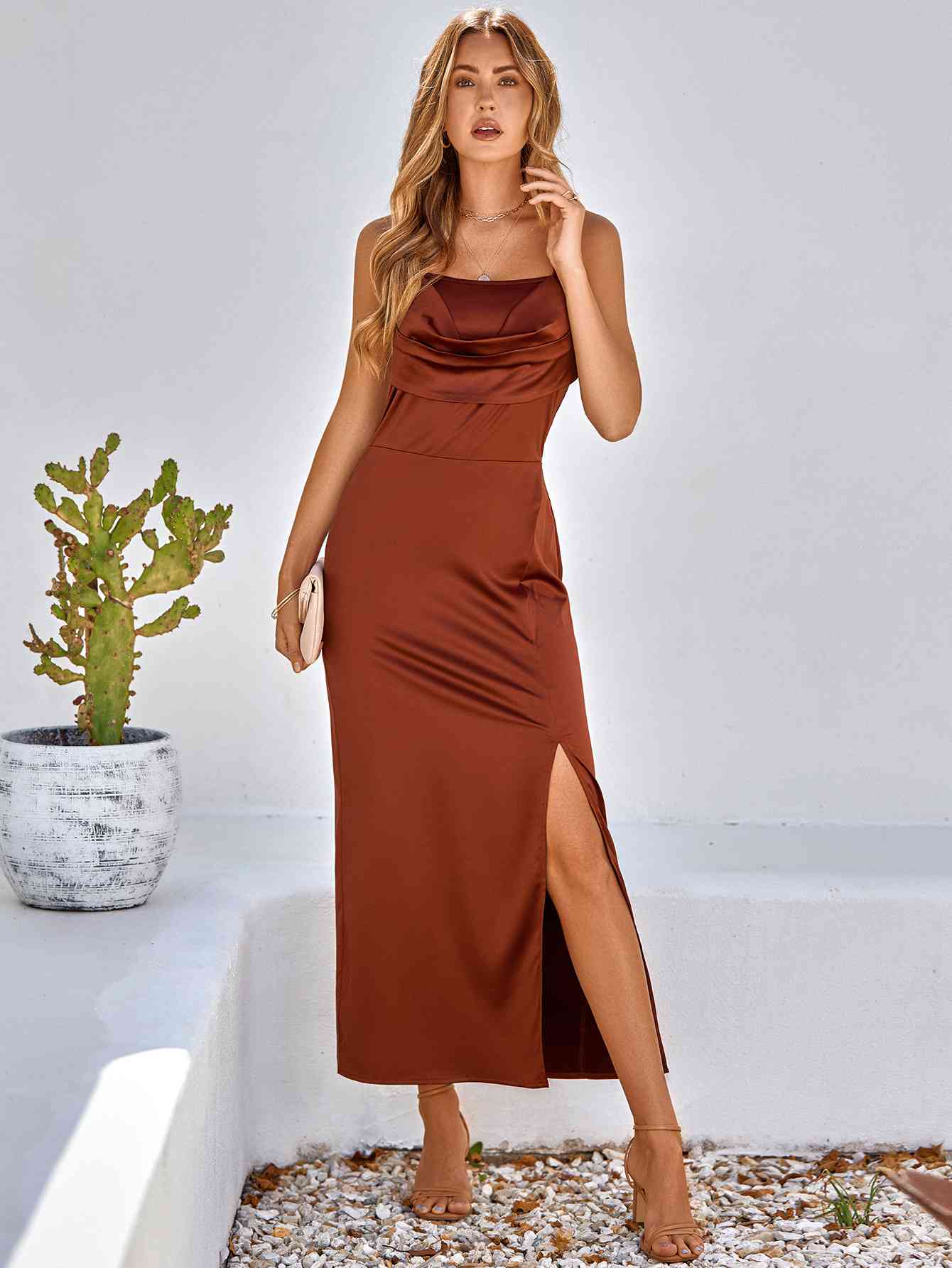 Pleated Detail Spaghetti Strap Slit Dress - TRENDMELO