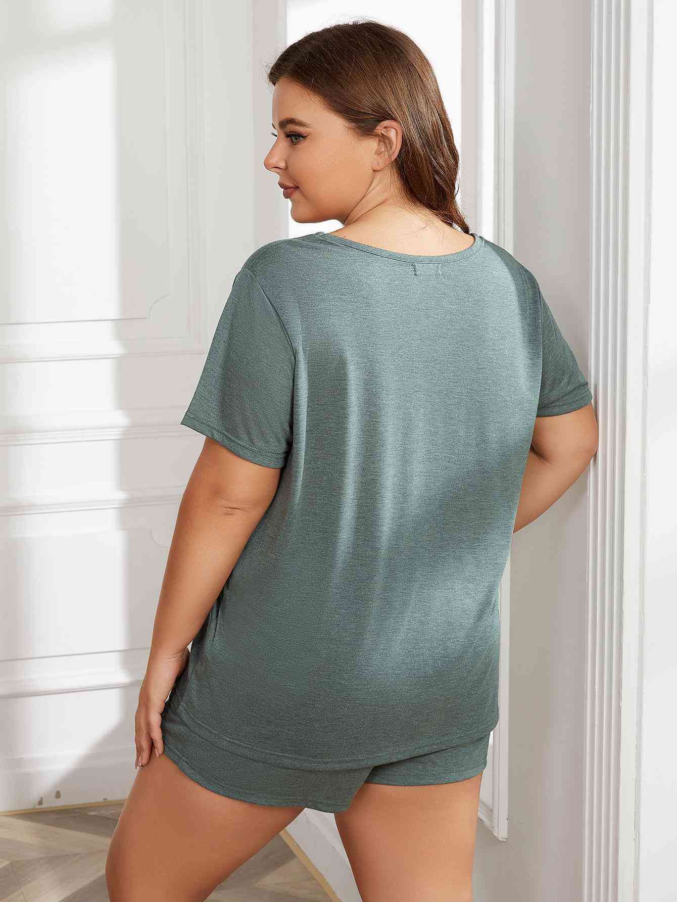 Plus Size Round Neck Short Sleeve Two-Piece Loungewear Set - TRENDMELO