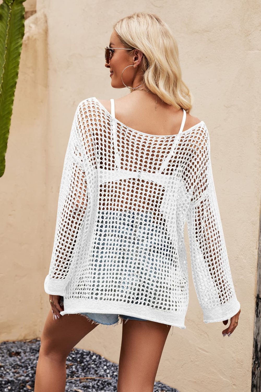 Openwork Round Neck Long Sleeve Cover Up - TRENDMELO