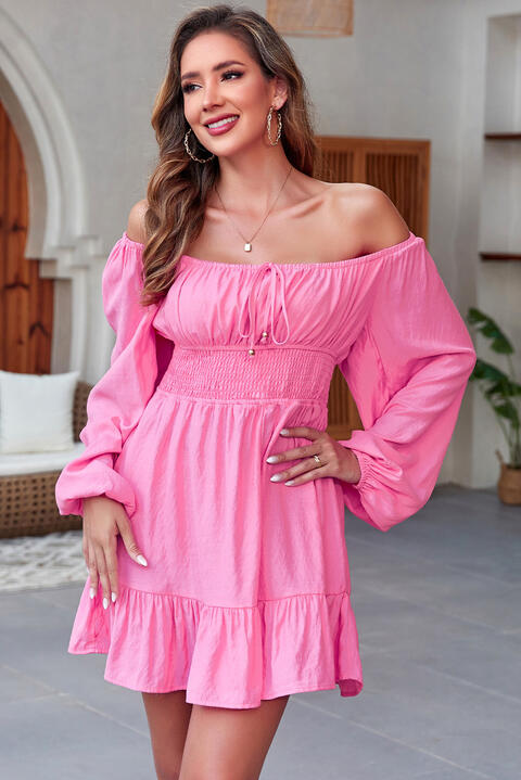 Smocked Balloon Sleeve Off-Shoulder Mini Dress - TRENDMELO