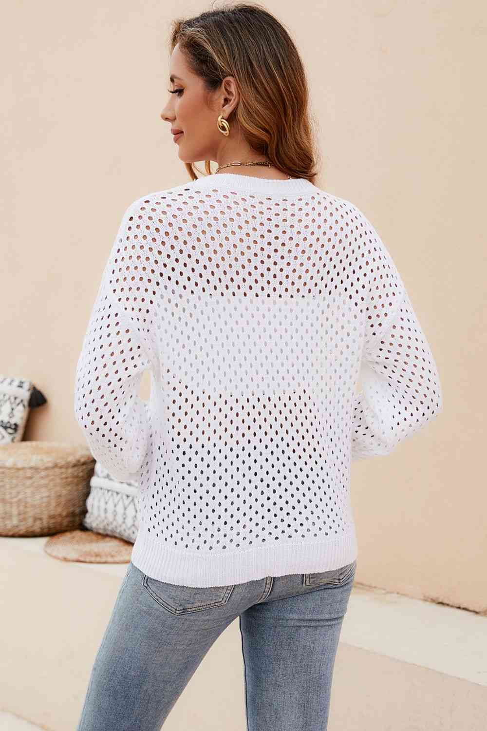 Round Neck Openwork Dropped Shoulder Knit Top - TRENDMELO