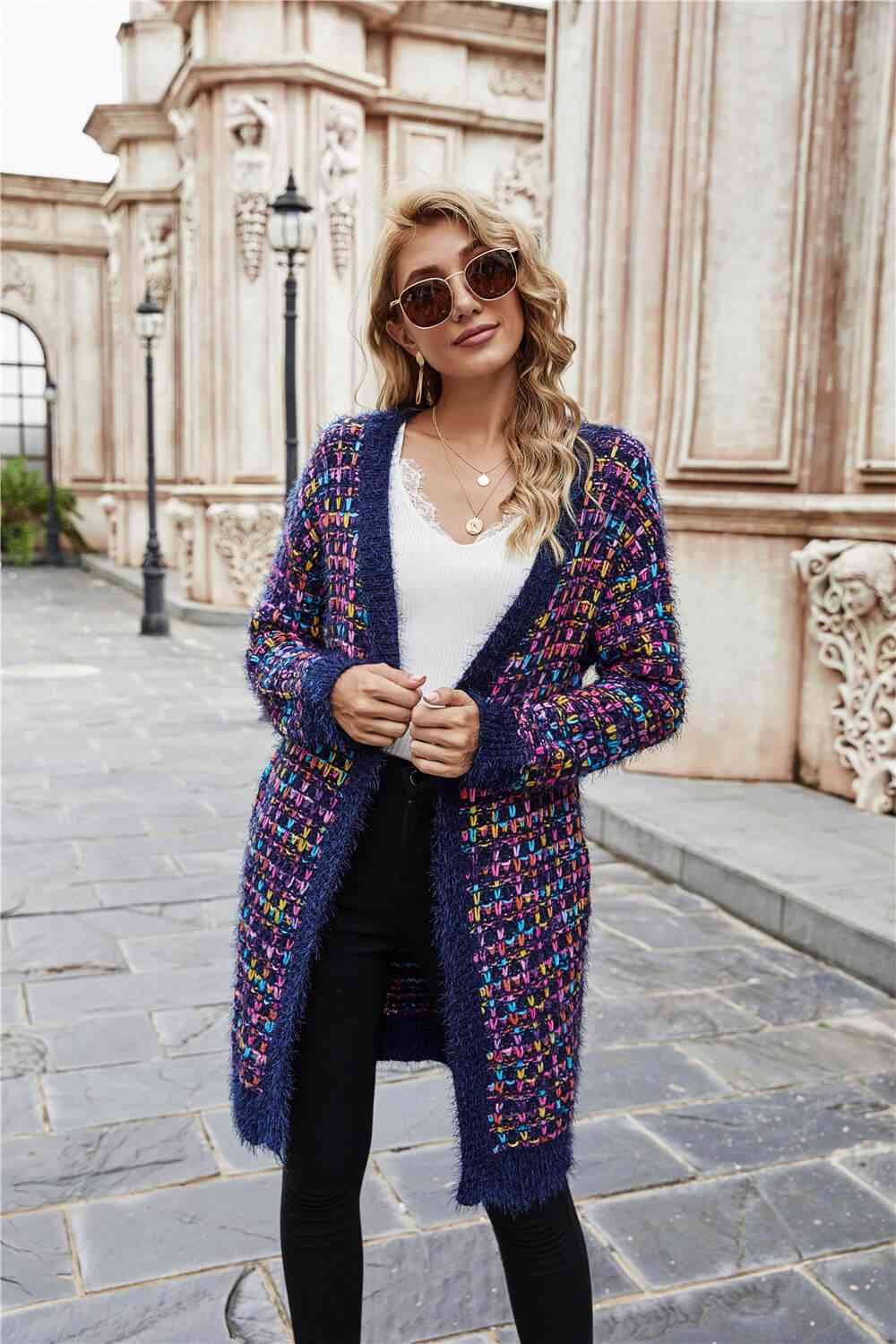 Multicolored Ribbed Trim Open Front Cardigan with Pockets - TRENDMELO