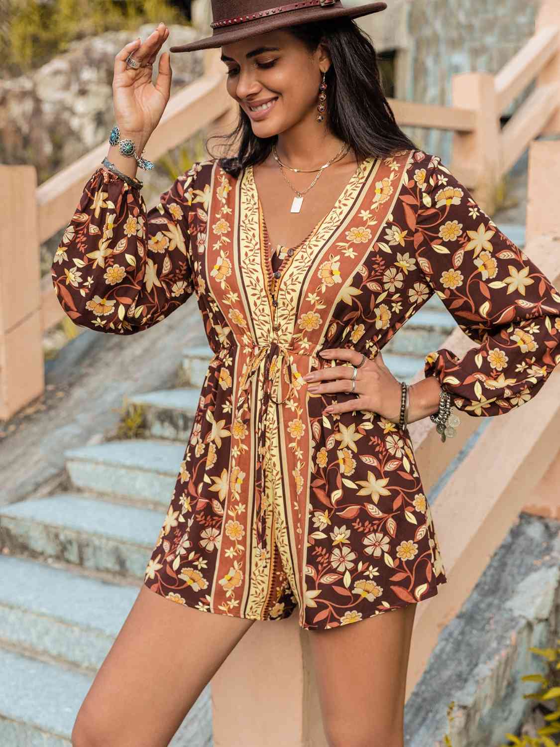 V-Neck Long Sleeve Romper - TRENDMELO