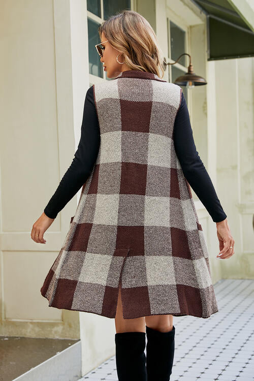 Plaid Open Front Sleeveless Cardigan with Pockets - TRENDMELO