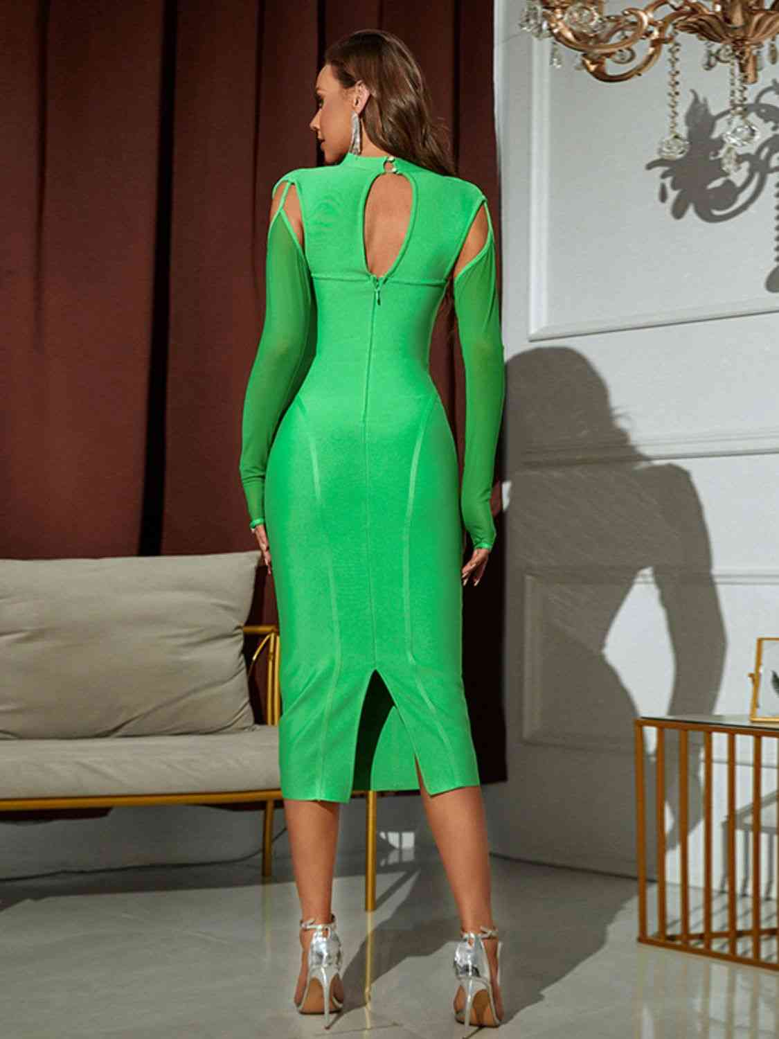 Cold-Shoulder Mesh Sleeve Slit Back Bodycon Dress - TRENDMELO