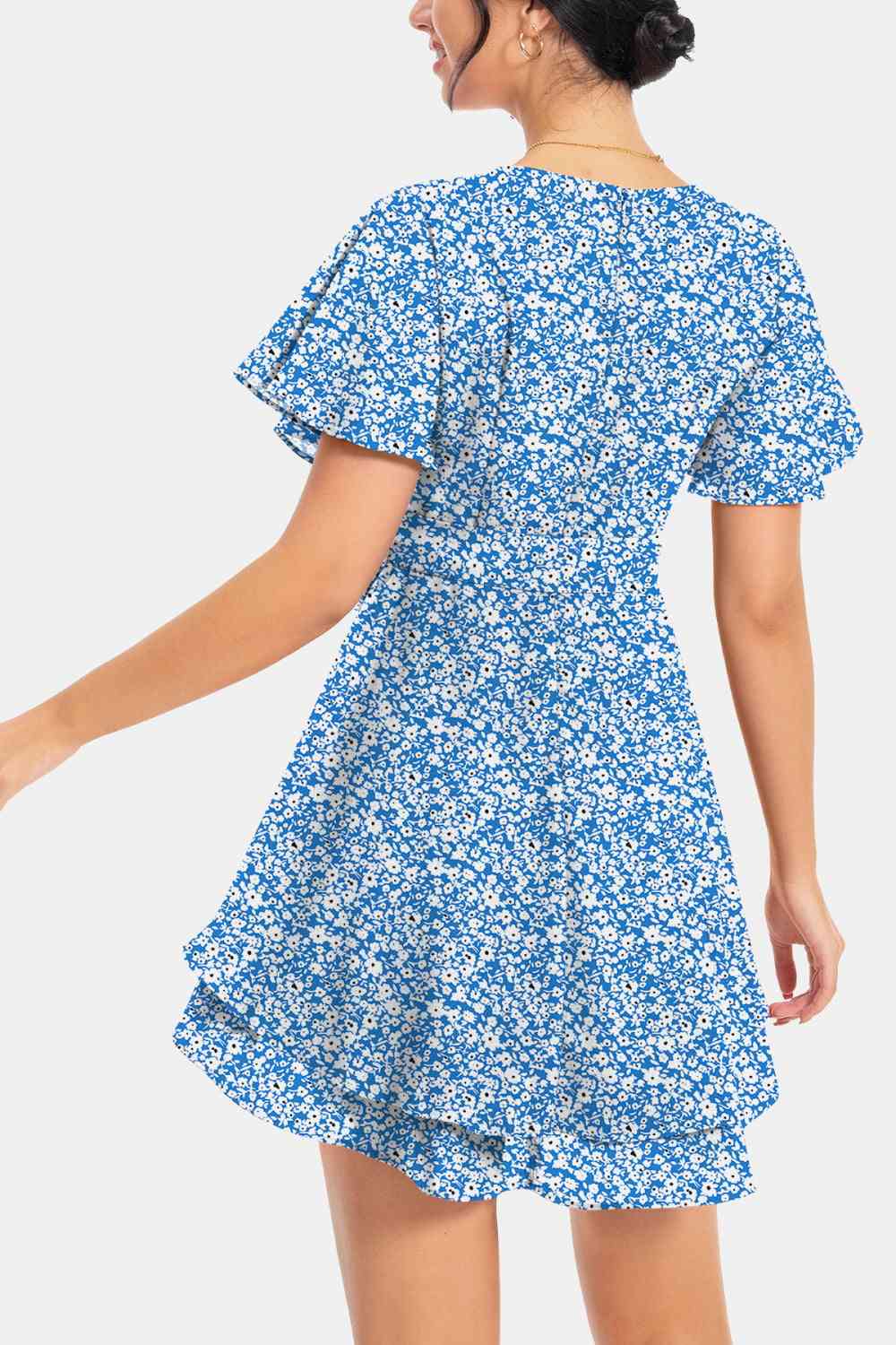 Surplice Neck Flutter Sleeve Dress - TRENDMELO
