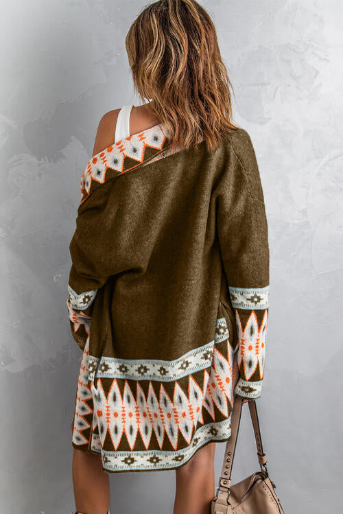 Geometric Open Front Long Sleeve Cardigan - TRENDMELO