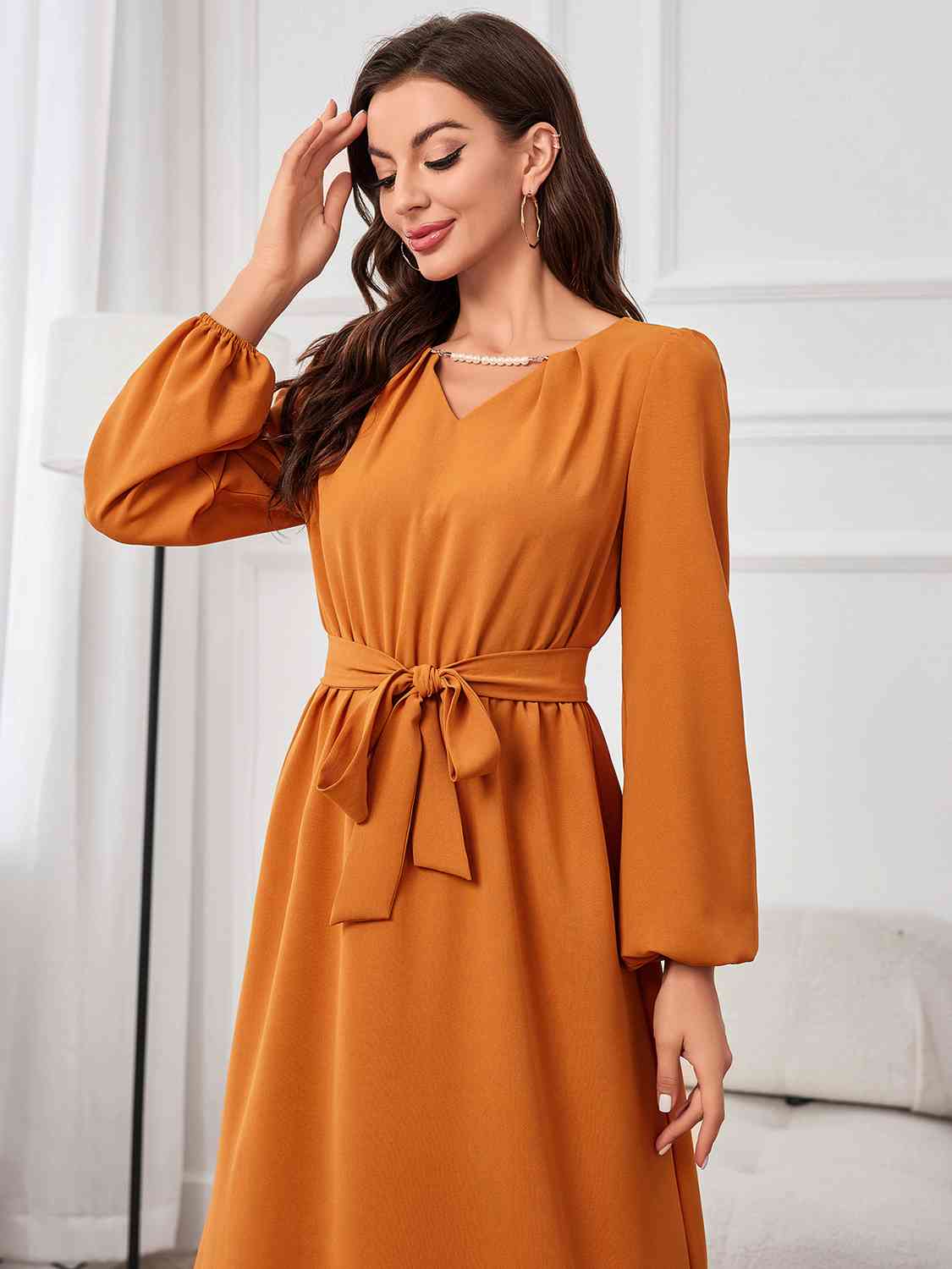 Tie Waist Puff Sleeve Maxi Dress - TRENDMELO