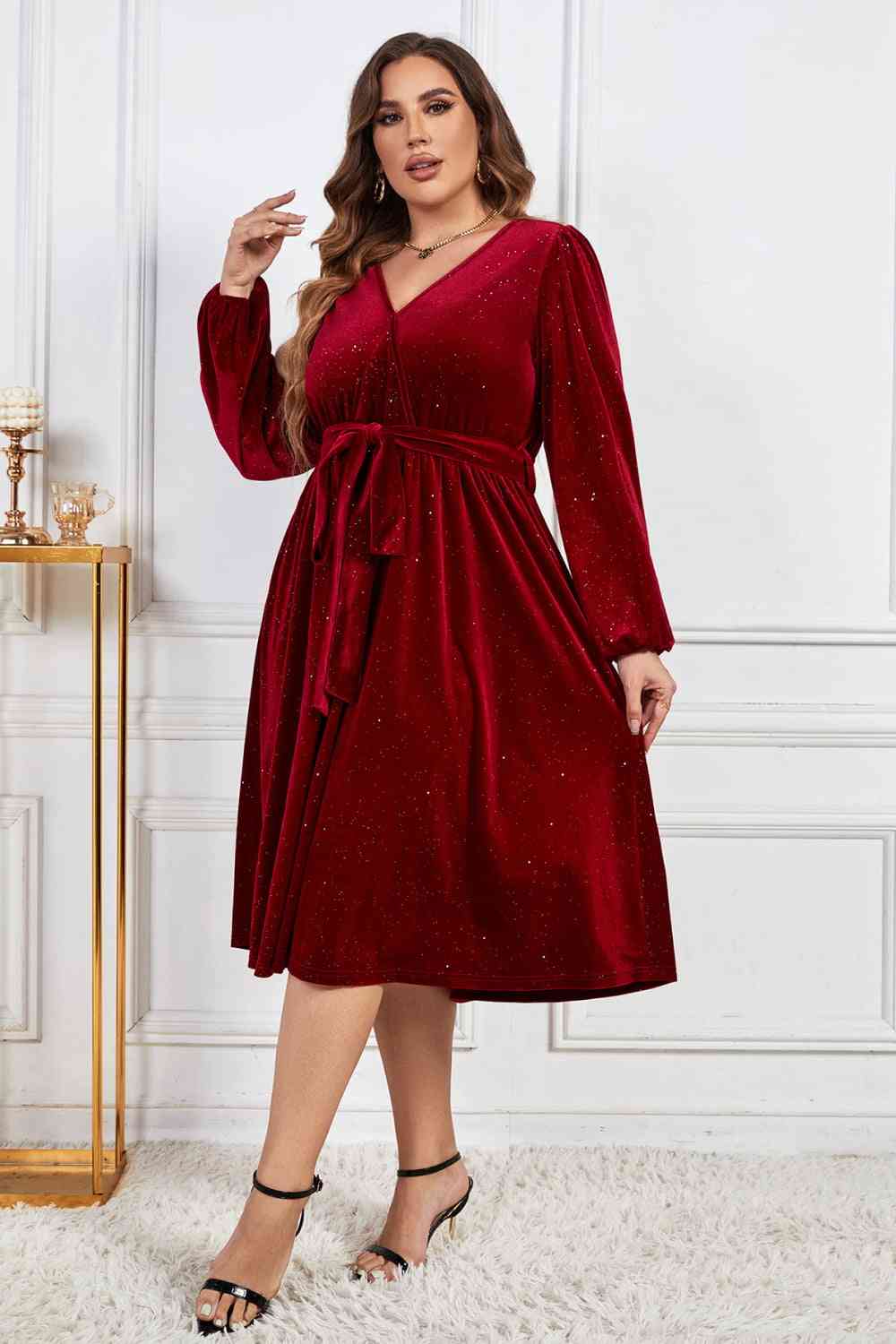 Melo Apparel Plus Size Surplice Neck Balloon Sleeve Tie Belt Midi Dress - TRENDMELO