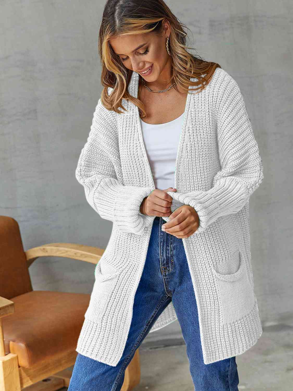 Open Front Long Sleeve Cardigan with Pockets - TRENDMELO