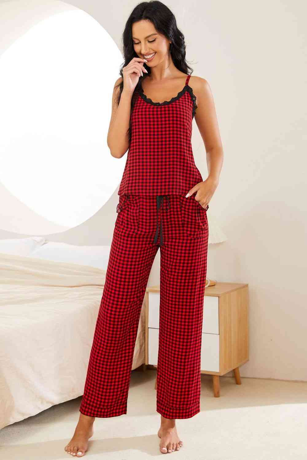 Plaid Lace Trim Cami and Drawstring Pants Pajama Set - TRENDMELO