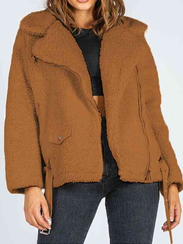 Zip-Up Belted Sherpa Jacket - TRENDMELO