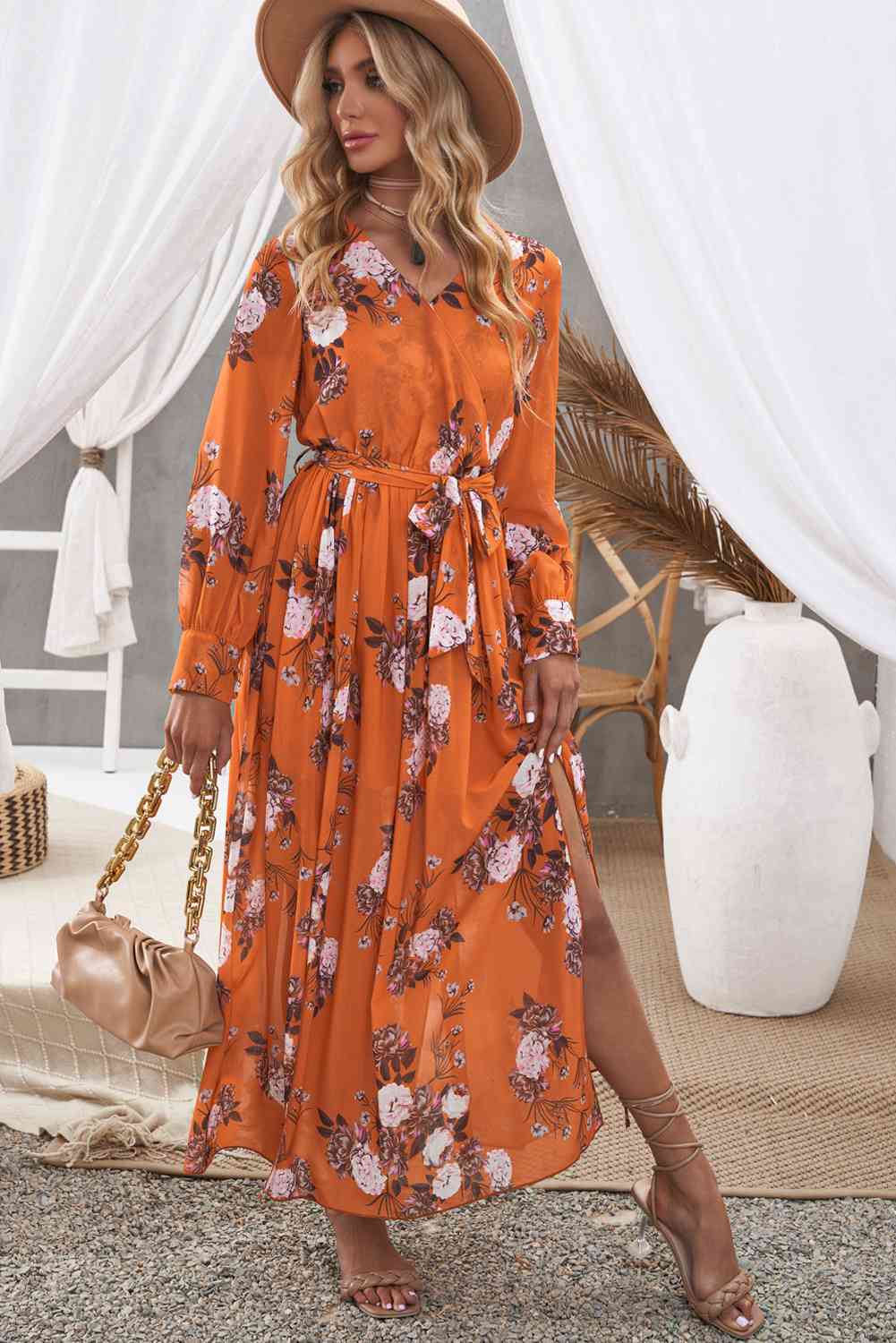 Floral Tie Waist Slit Maxi Dress - TRENDMELO