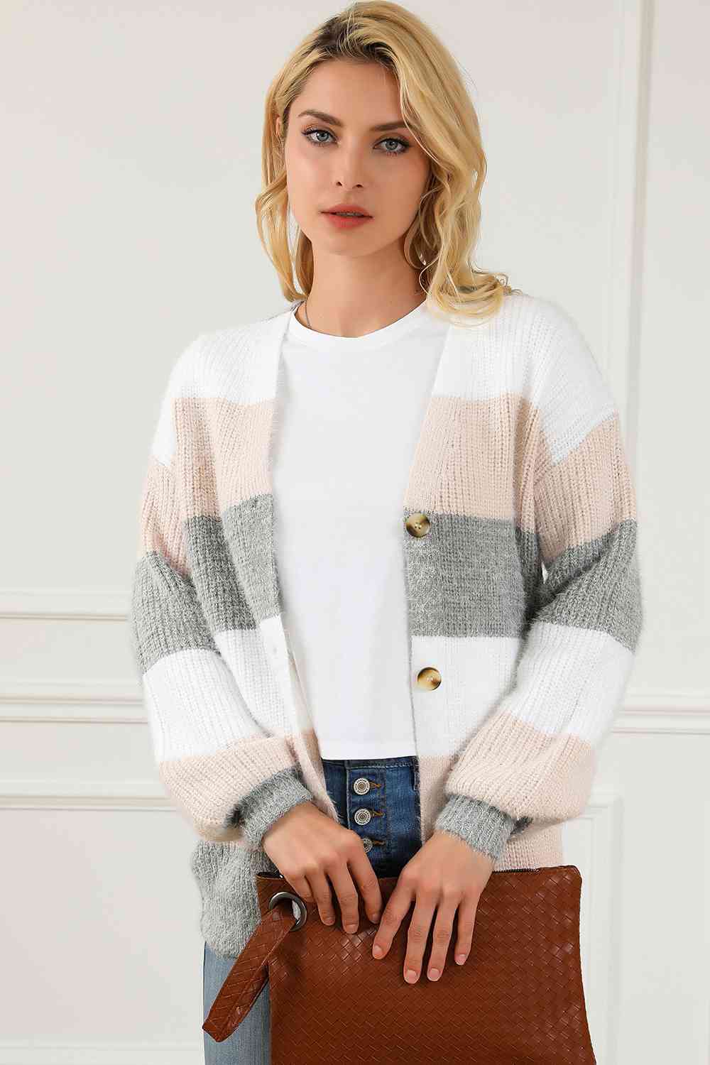Striped ButtonUp V-Neck Long Sleeve Cardigan - TRENDMELO