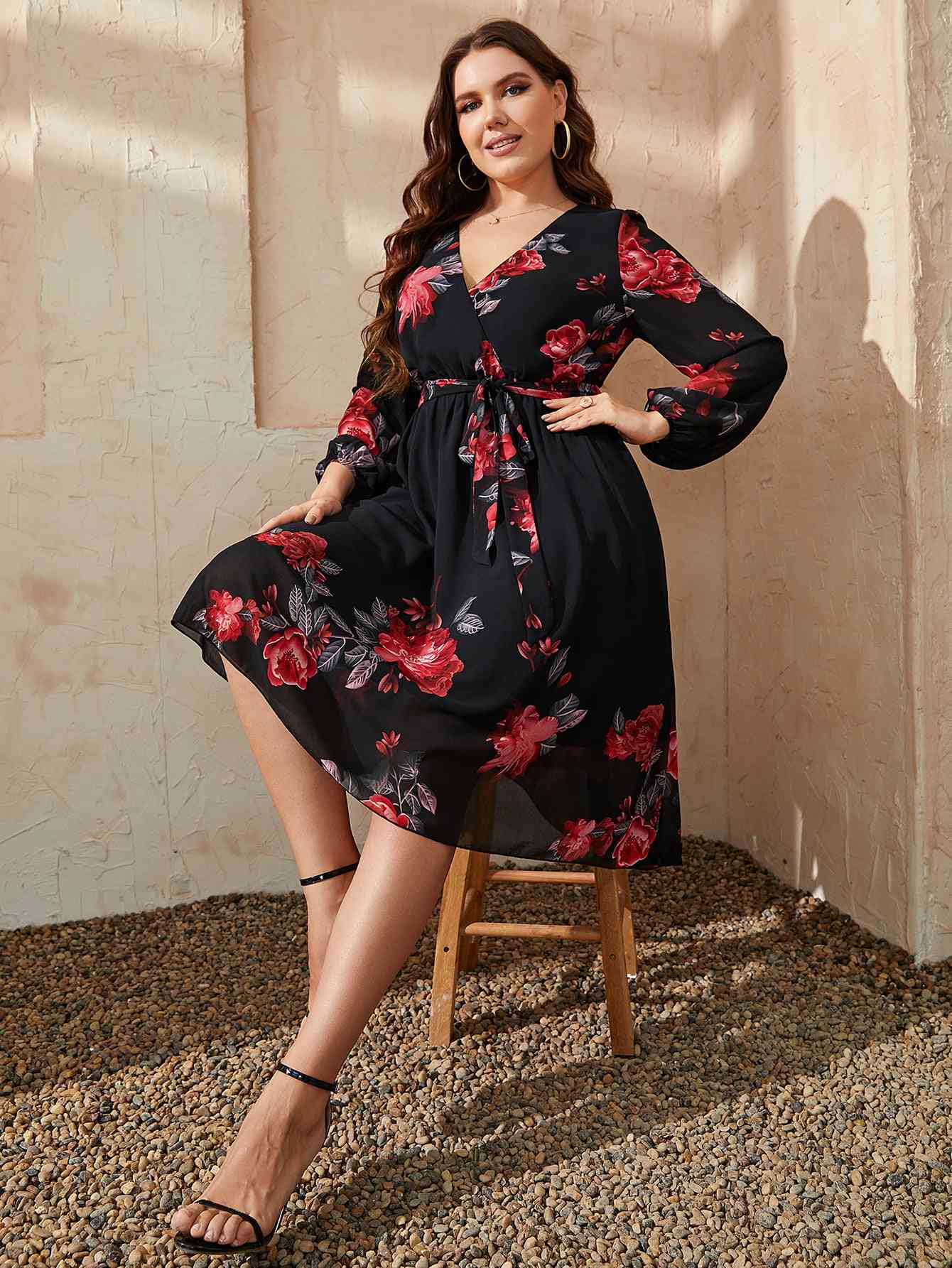 Plus Size Floral Surplice Neck Tie Waist Dress - TRENDMELO