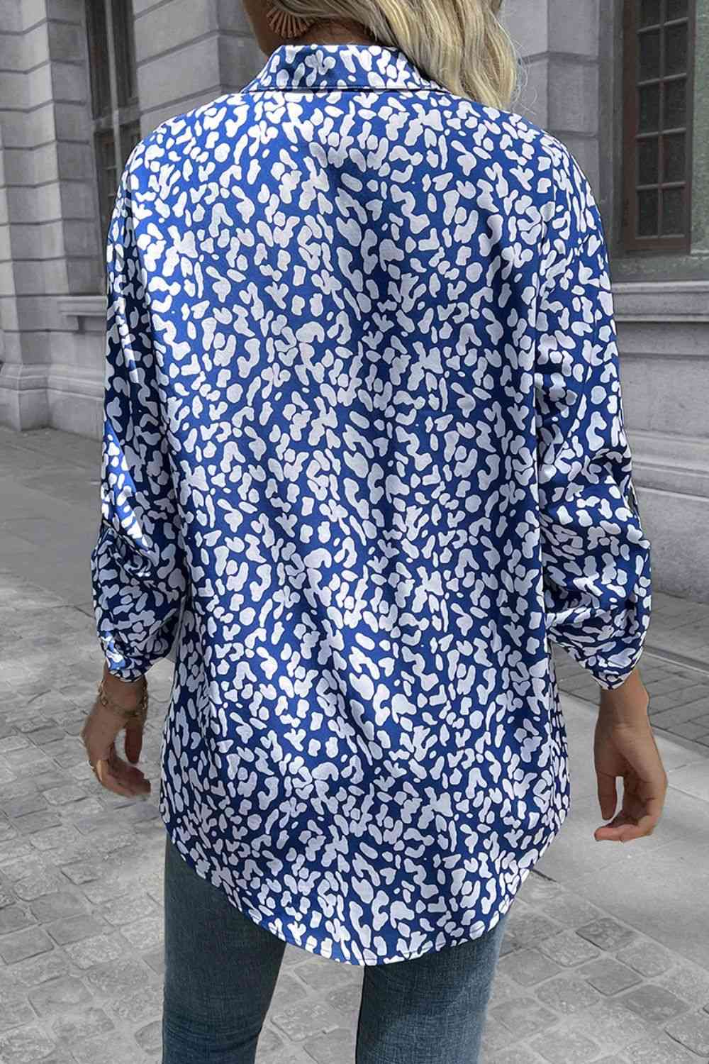 Double Take Leopard Roll-Tap Sleeve Shirt - TRENDMELO