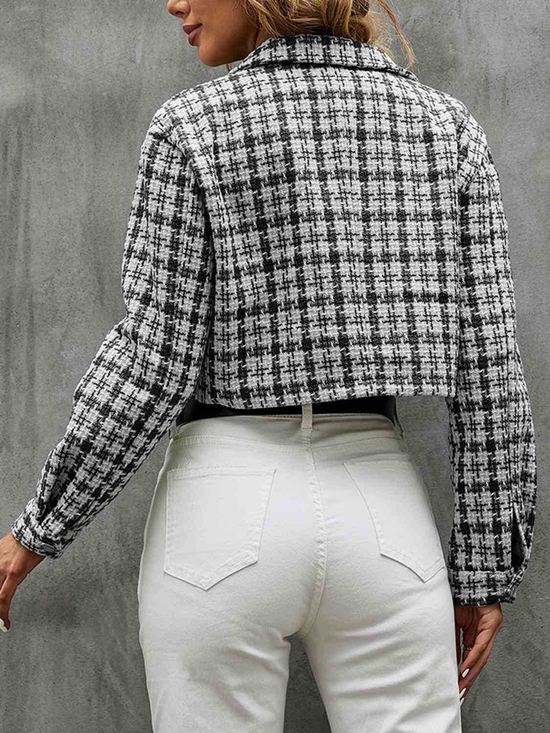 Plaid Button Up Collared Neck Long Sleeve Jacket - TRENDMELO