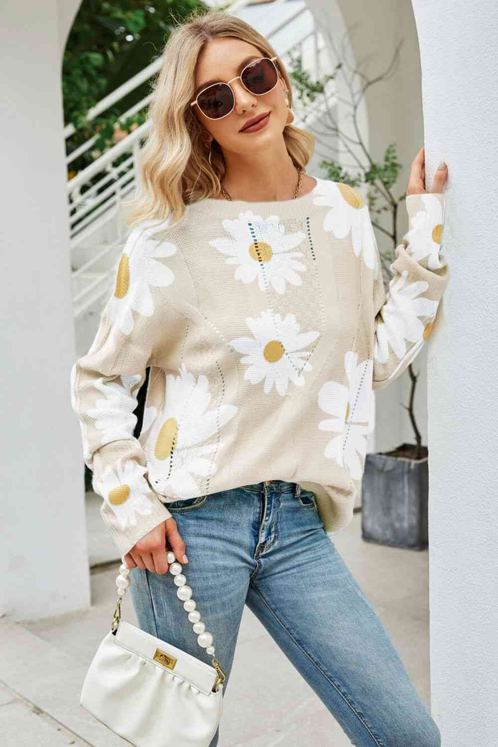Daisy Print Openwork Round Neck Sweater - TRENDMELO
