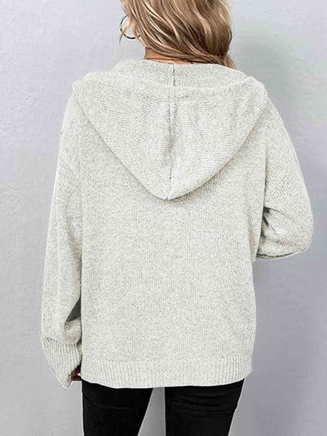 Button Up Drawstring Long Sleeve Hooded Cardigan - TRENDMELO