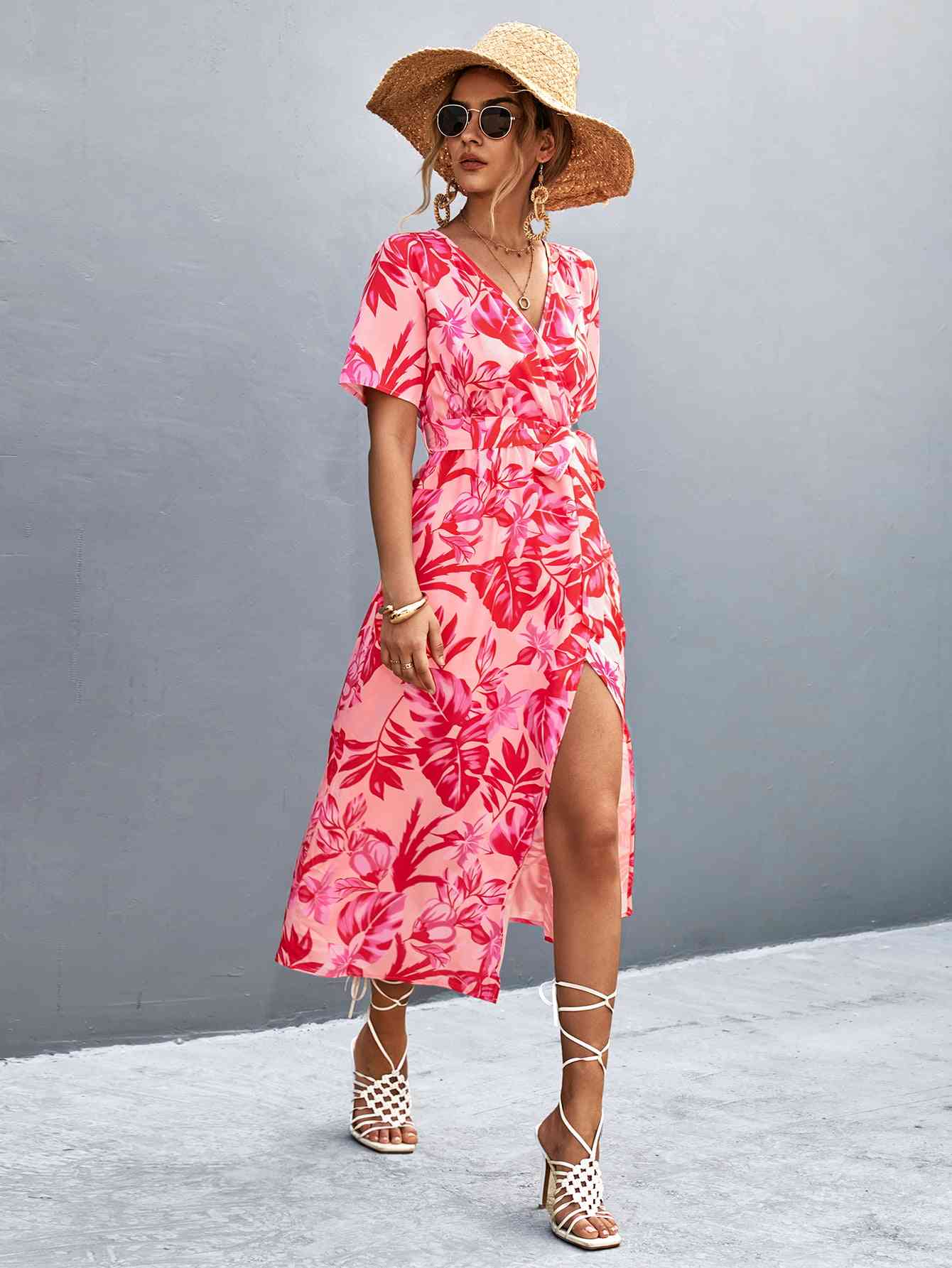 Floral Print High Slit Surplice Neck Tie Waist Midi Dress - TRENDMELO