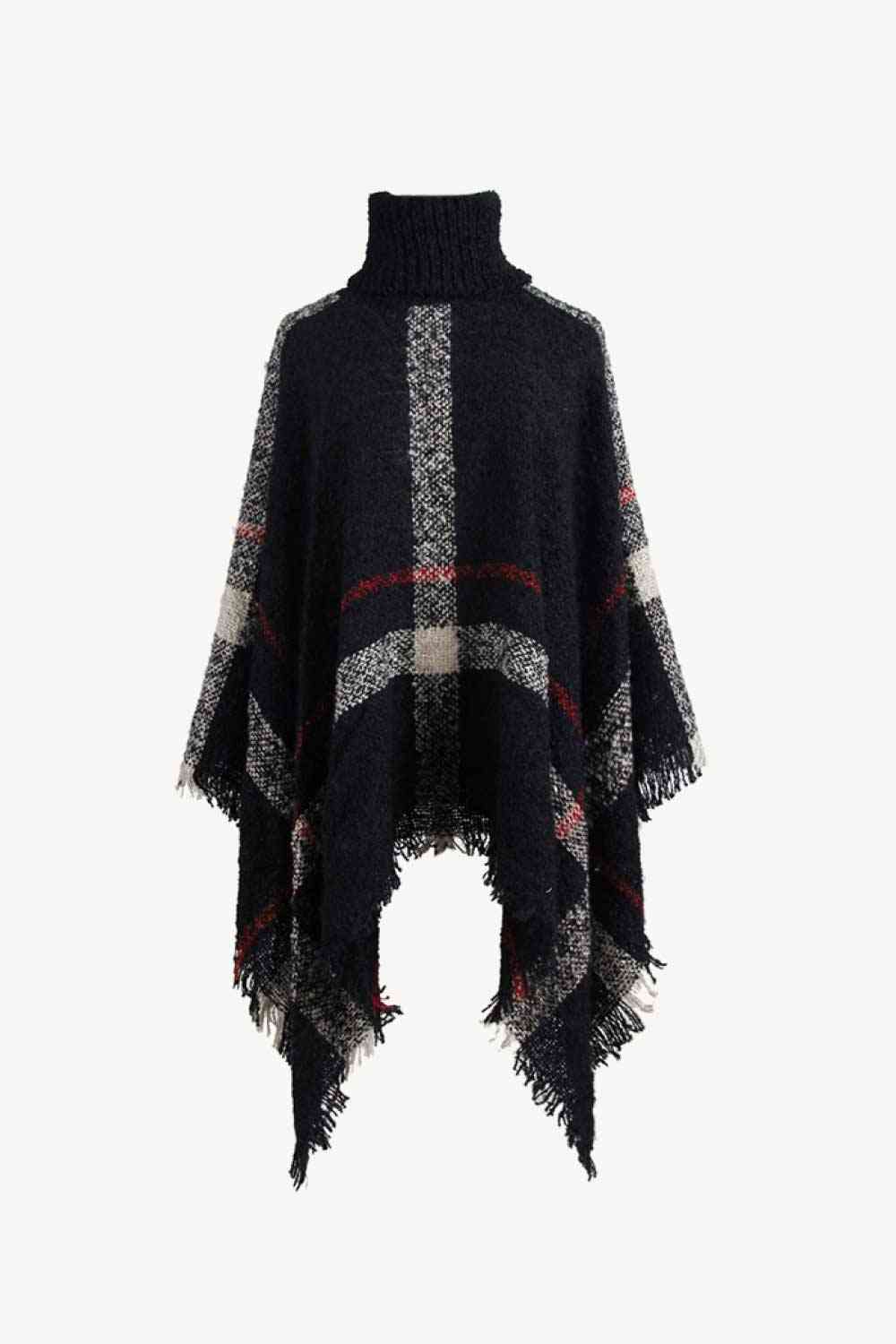 Plaid Turtleneck Raw Hem Poncho - TRENDMELO