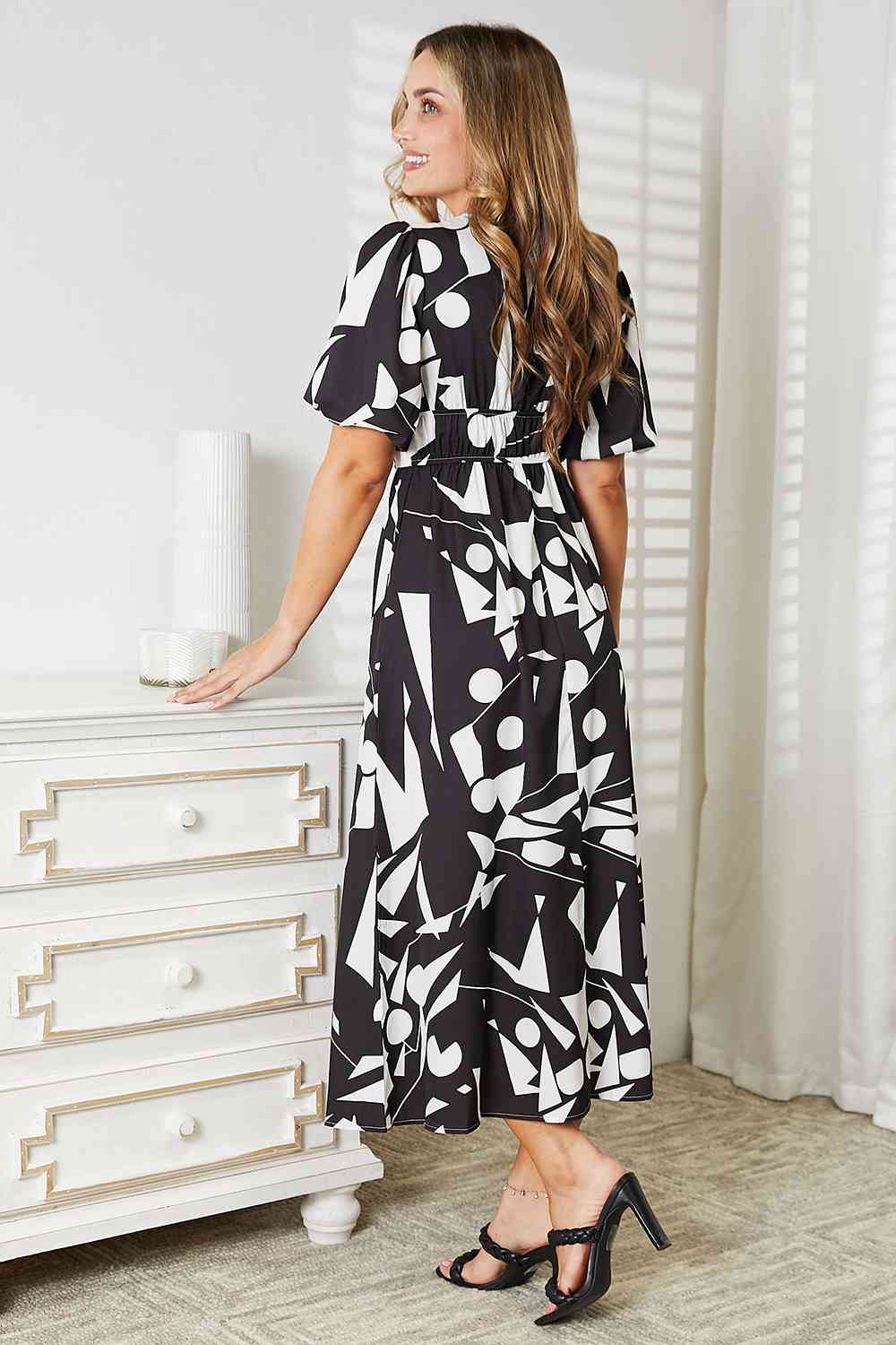 Double Take Printed Surplice Balloon Sleeve Dress - TRENDMELO