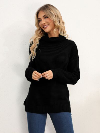 Slit Turtleneck Dropped Shoulder Sweater - TRENDMELO