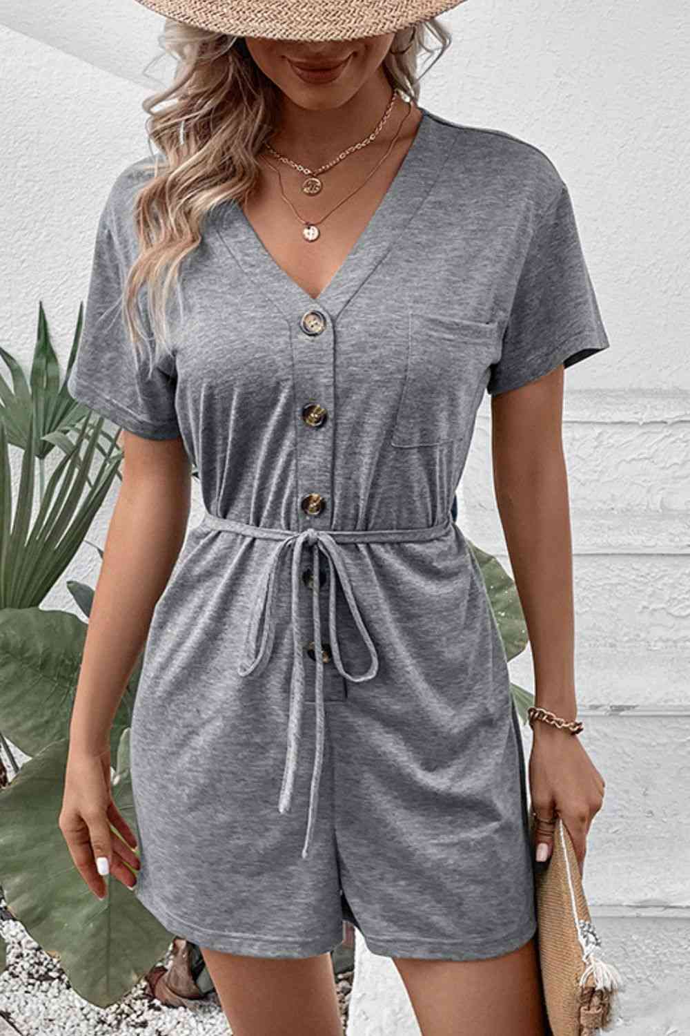 V-Neck Short Sleeve Tied Romper - TRENDMELO