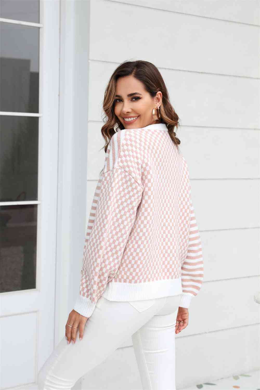 Button-Down Stripe & Plaid Contrast Pattern Cardigan - TRENDMELO