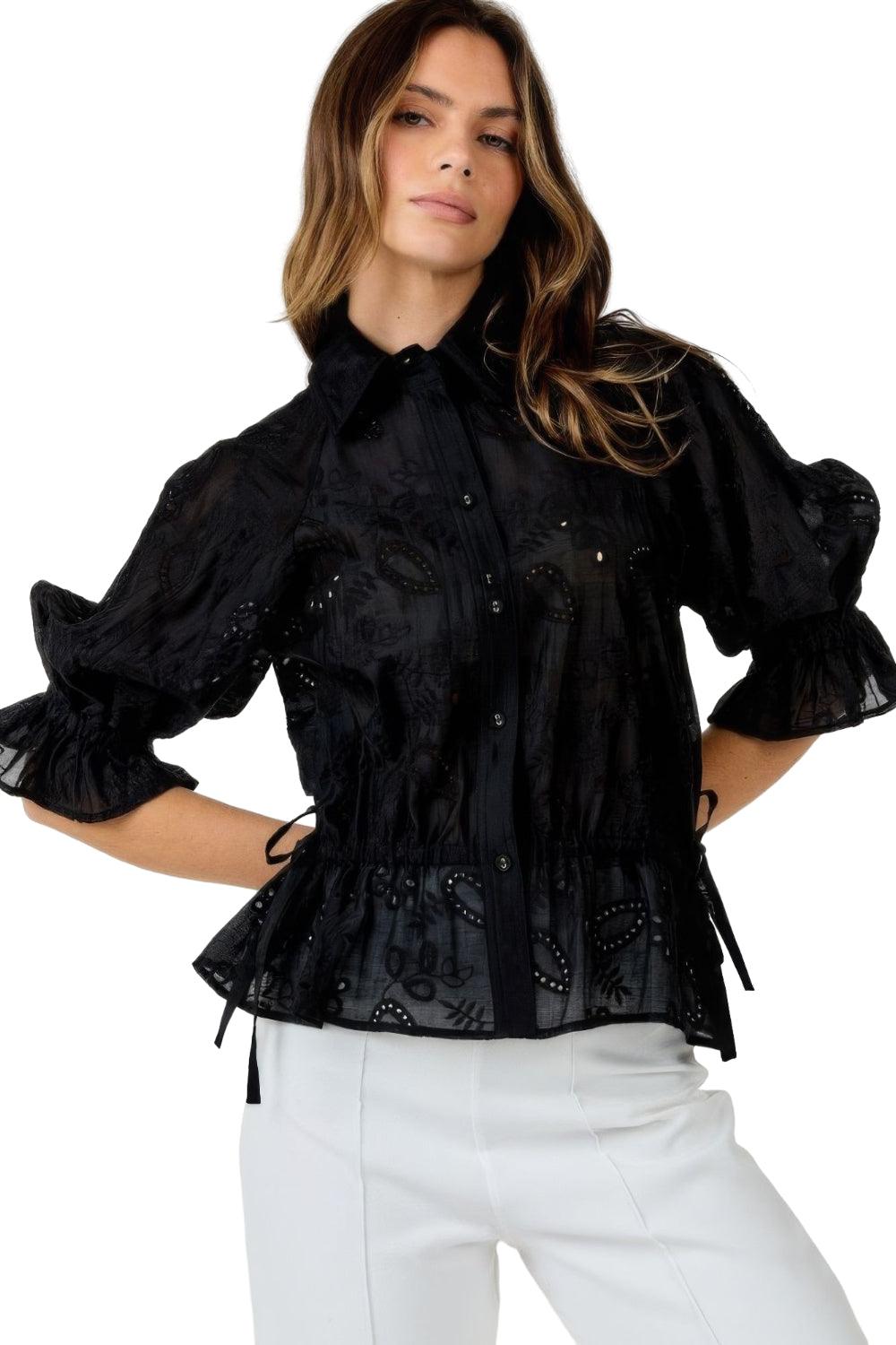 Trendmelo Black Embroidered Button-Down Collar Neck Top for Women