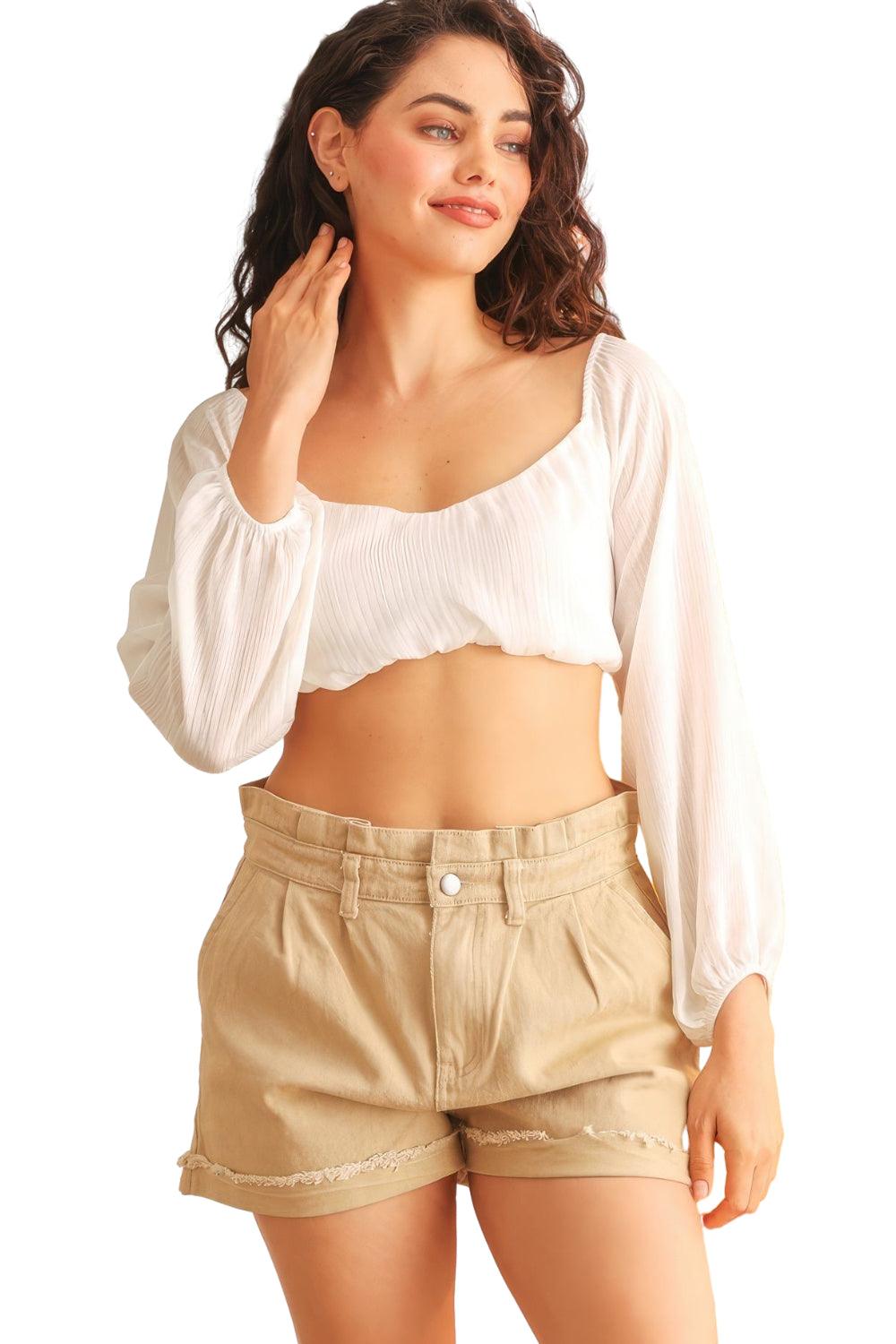 Trendmelo Ivory Puff Long Sleeve Smocked Back Crop Top for Women