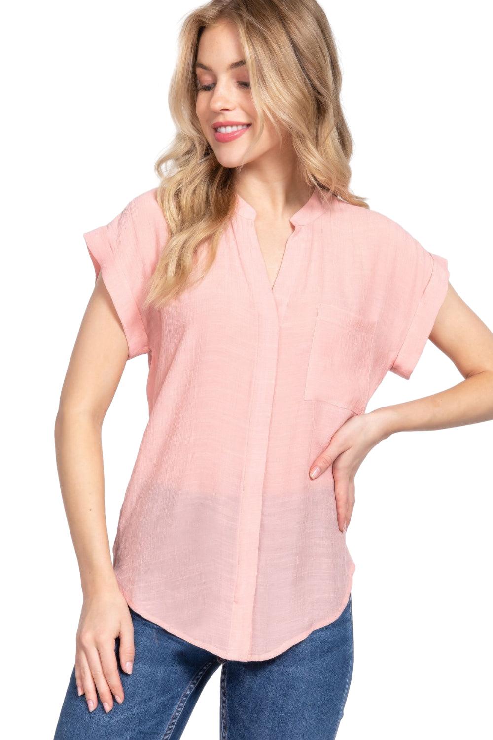 Trendmelo Dolman Sleeve Button Down Pink Top for Women with Open Neck and Pocket