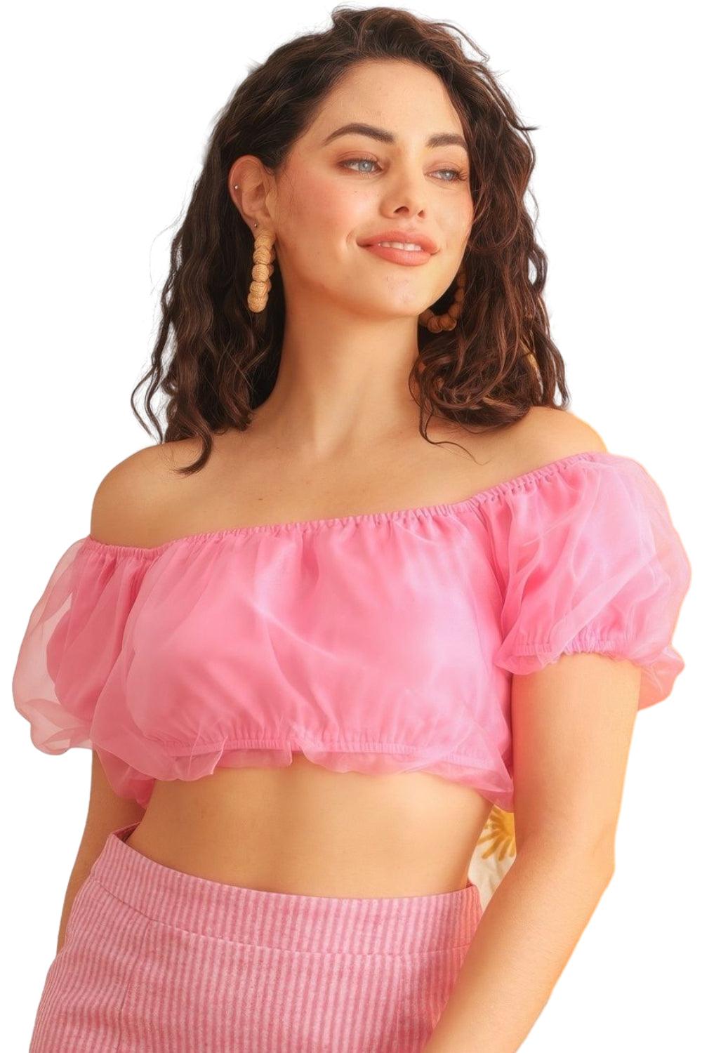 Trendmelo Women's Organza Puff Sleeve Crop Top - Lightweight, Fully Lined, Casual Chic, XS-XL